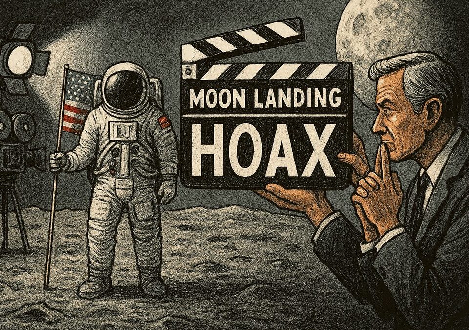 Dreamlike collage showing shadowy figures, static-filled screens, floating question marks, and space imagery symbolizing conspiracy culture and cosmic wonder.