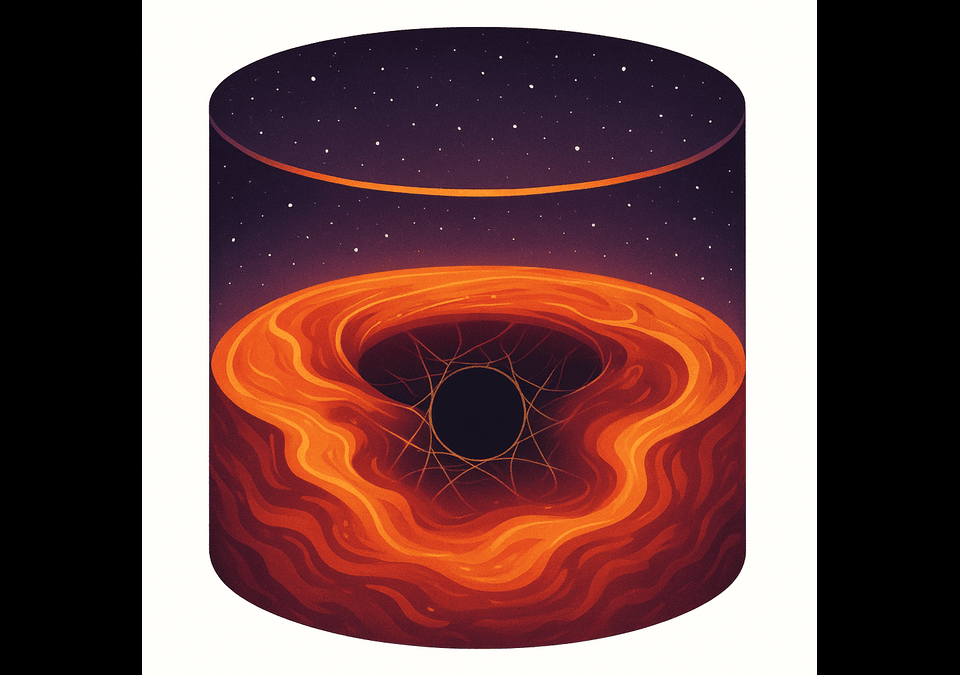 Illustration of the Cosmological Tank Postulate showing a cosmic boundary, void structure, and lava-like spacetime interface