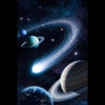 Illustration of 3I/ATLAS comet's hyperbolic trajectory sweeping through the solar system, passing inner planets like Earth, Mars, and Jupiter amid solar flares and cosmic dust.