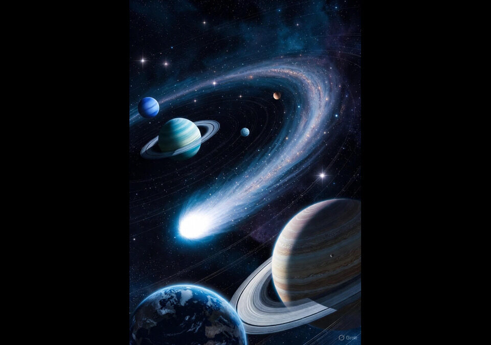 Illustration of 3I/ATLAS comet's hyperbolic trajectory sweeping through the solar system, passing inner planets like Earth, Mars, and Jupiter amid solar flares and cosmic dust.