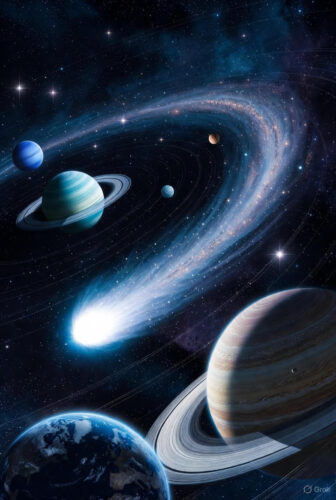 Illustration of 3I/ATLAS comet's hyperbolic trajectory sweeping through the solar system, passing inner planets like Earth, Mars, and Jupiter amid solar flares and cosmic dust.