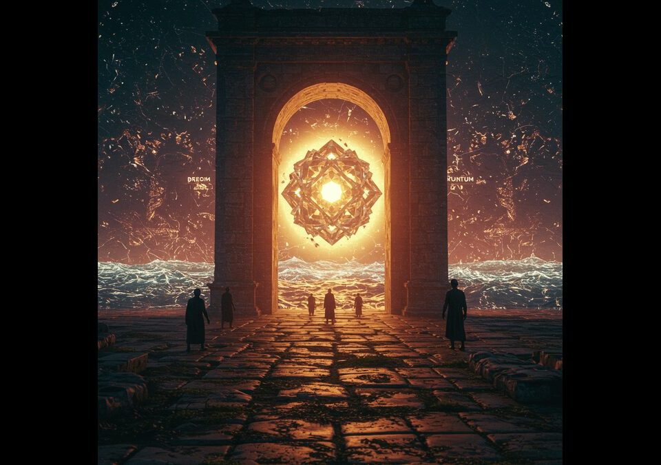 Illustration blending Plato’s cave, the Hindu concept of Maya, and modern digital simulation imagery