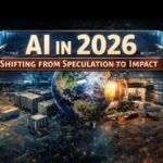 AI in 2026 banner illustrating the shift from speculative artificial intelligence to real-world impact, infrastructure, and global deployment