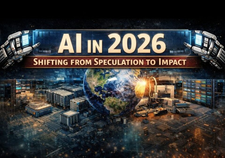 AI in 2026 banner illustrating the shift from speculative artificial intelligence to real-world impact, infrastructure, and global deployment