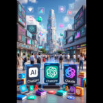 Futuristic city street illustrating AI's transformative impact on knowledge work, with holographic displays of ChatGPT and Claude AI models amid data visualizations and pedestrians adapting to technological change