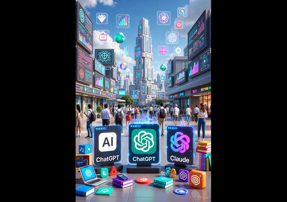 Futuristic city street illustrating AI's transformative impact on knowledge work, with holographic displays of ChatGPT and Claude AI models amid data visualizations and pedestrians adapting to technological change