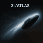 Digital rendering of interstellar object 3I/ATLAS showing elongated shape, plasma-like emissions, and forward-facing anti-tail anomaly in deep space.