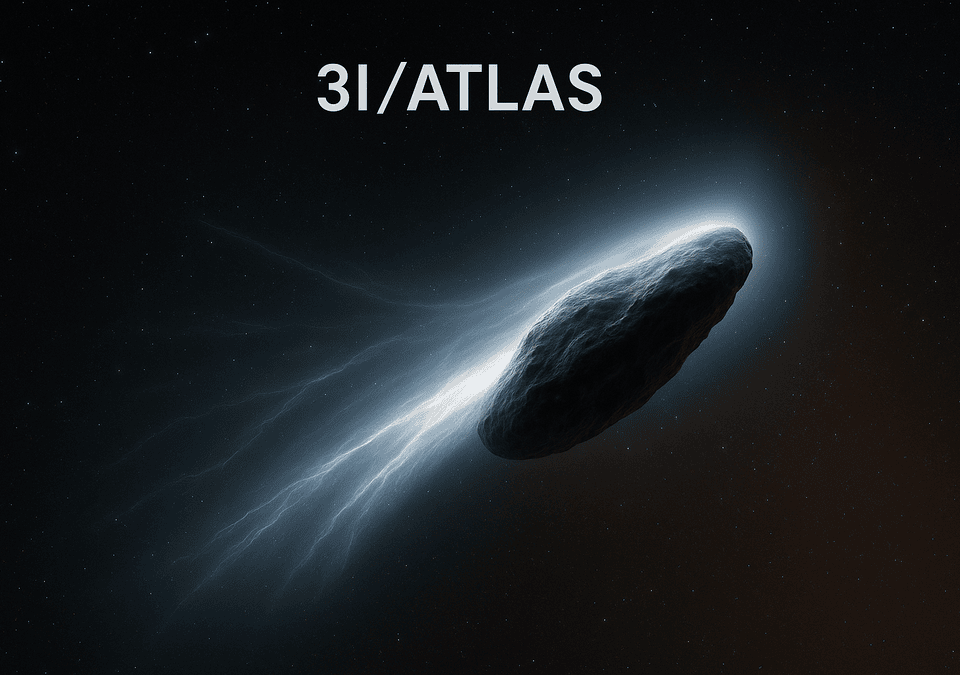 Digital rendering of interstellar object 3I/ATLAS showing elongated shape, plasma-like emissions, and forward-facing anti-tail anomaly in deep space.