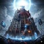 A crumbling Tower of Babel constructed from server racks and cables fracturing before reaching a digital singularity, illustrating the Pre-AGI Collapse theory and civilizational failure.