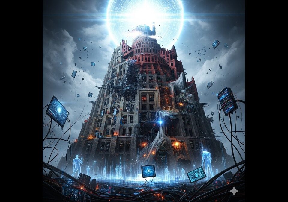 A crumbling Tower of Babel constructed from server racks and cables fracturing before reaching a digital singularity, illustrating the Pre-AGI Collapse theory and civilizational failure.