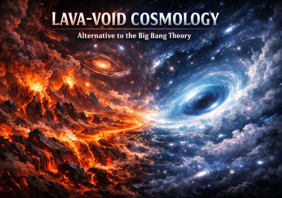 Lava-Void Cosmology alternative to Big Bang theory showing lava regions and cosmic voids in an eternal fluid universe
