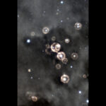 Artistic visualization of cosmic reionization in Lava-Void Cosmology, showing patchy ionization bubbles emerging from viscous clustering in dense regions of a unified relativistic viscous fluid, with abundant high-mass halos at z > 10 driving rapid late reionization