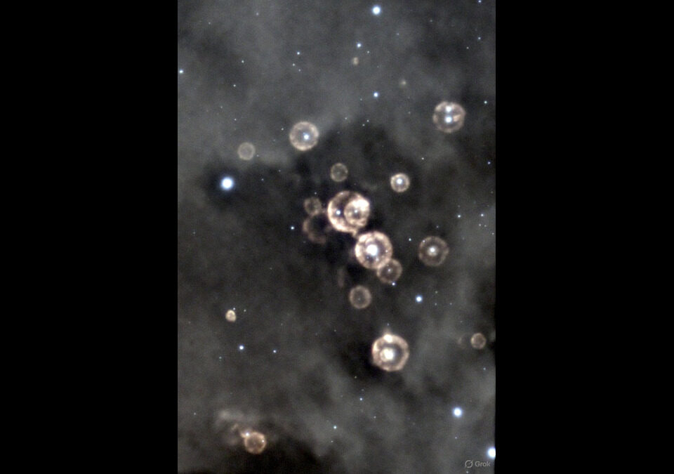 Artistic visualization of cosmic reionization in Lava-Void Cosmology, showing patchy ionization bubbles emerging from viscous clustering in dense regions of a unified relativistic viscous fluid, with abundant high-mass halos at z > 10 driving rapid late reionization