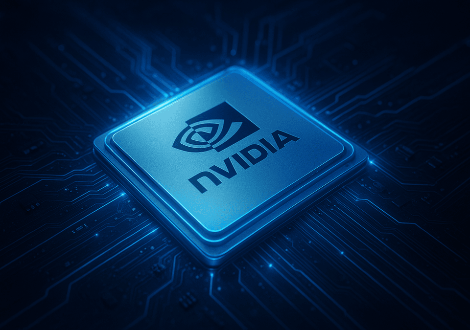 Futuristic glowing NVIDIA chip on a high-tech circuit board