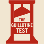 Abstract red guillotine silhouette with bold text 'The Guillotine Test' on off-white background