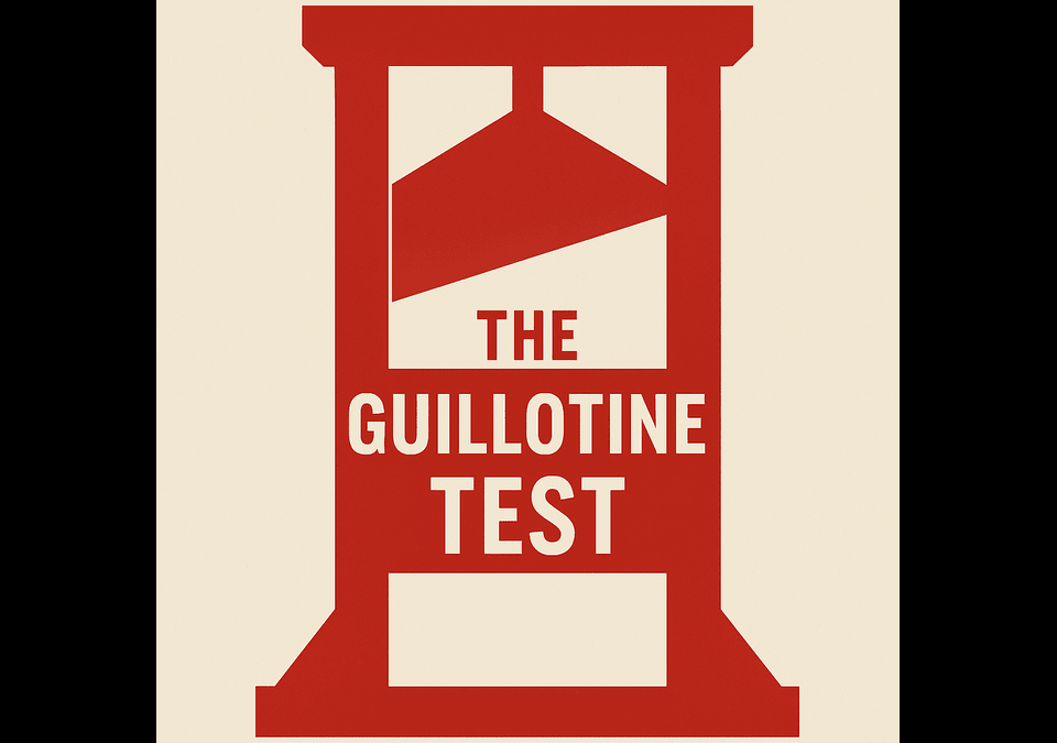 Abstract red guillotine silhouette with bold text 'The Guillotine Test' on off-white background