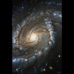 Artistic visualization of galactic rotation curves in Lava-Void Cosmology, depicting a spiral galaxy with a central supermassive black hole and extended disk supported by density-dependent viscous clustering in a unified relativistic viscous fluid, yielding approximately flat orbital velocities