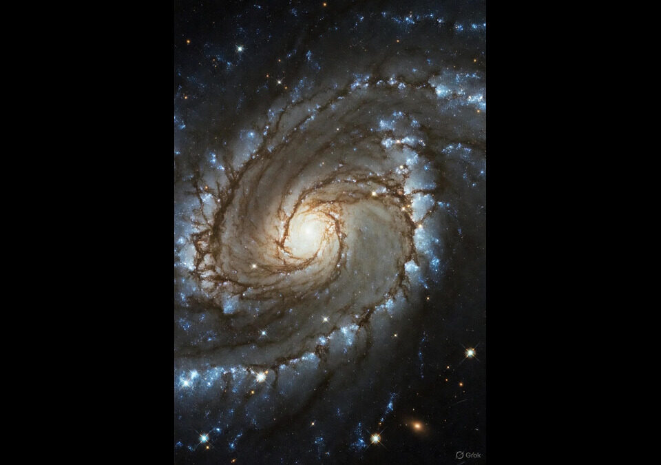 Artistic visualization of galactic rotation curves in Lava-Void Cosmology, depicting a spiral galaxy with a central supermassive black hole and extended disk supported by density-dependent viscous clustering in a unified relativistic viscous fluid, yielding approximately flat orbital velocities