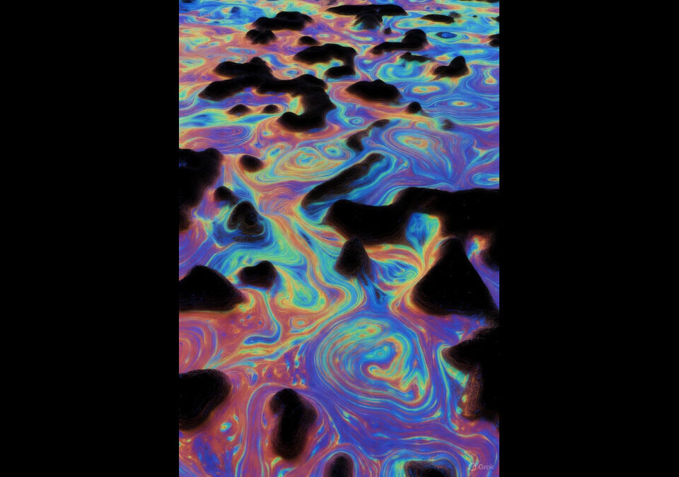 Artistic visualization of non-linear structure formation in Lava-Void Cosmology, depicting density-dependent bulk and shear viscosity in a unified relativistic viscous fluid creating turbulent dissipation, shallow cores in halo centers, and diverse clustering patterns resolving small-scale tensions