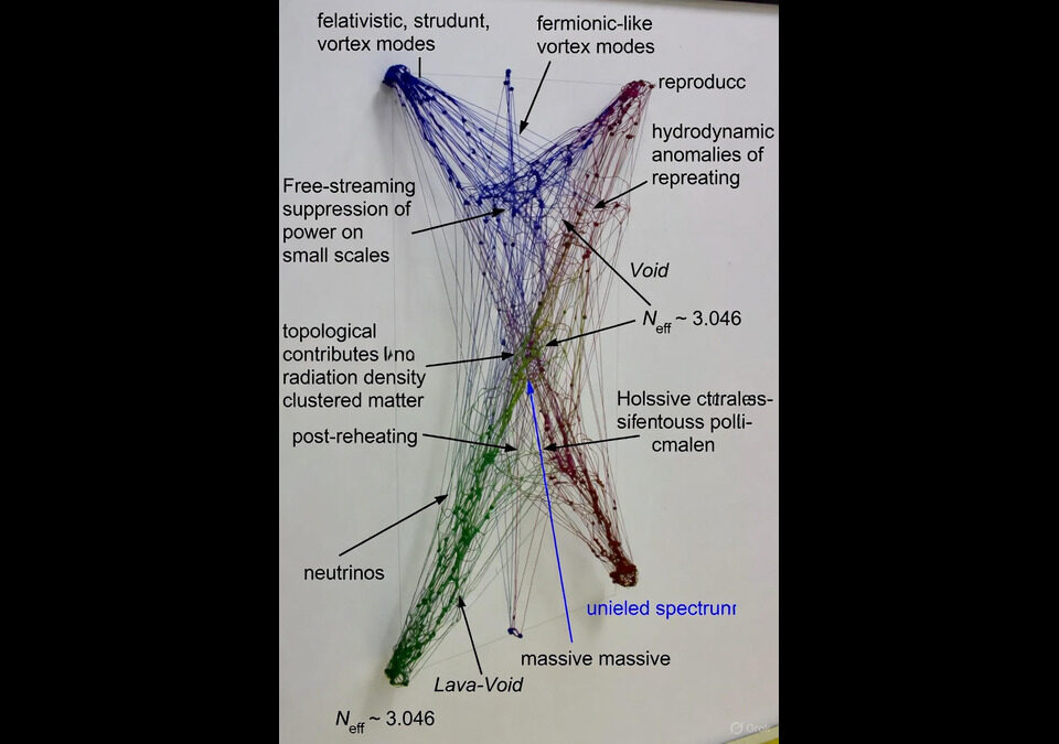 Schematic diagram of neutrino cosmology and relic particles in Lava-Void Cosmology, depicting decoupled free-streaming fermionic-like vortex excitations emerging from multifractal turbulent spectrum in a unified relativistic viscous fluid, with labels for N_eff ≈ 3.046, free-streaming power suppression, and contributions to radiation density and clustered matter