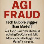 Illustration showing an AGI financial bubble with a concerned executive, rising market chart, and the phrase “AGI Financial Bubble.”