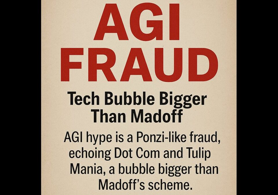 Illustration showing an AGI financial bubble with a concerned executive, rising market chart, and the phrase “AGI Financial Bubble.”