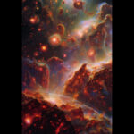 Artistic visualization of cosmic inflation in Lava-Void Cosmology, depicting Planck-scale multifractal turbulence in a single relativistic viscous fluid driving quasi-de Sitter expansion and emerging primordial galaxies after a non-singular bounce