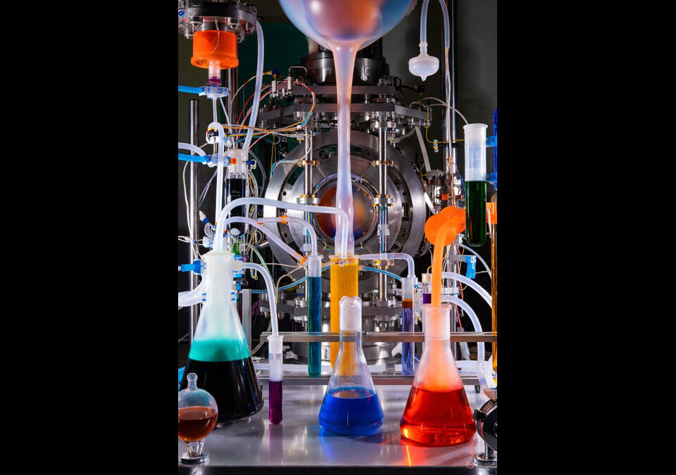 Diagram illustrating Big Bang nucleosynthesis within Lava-Void Cosmology, showing post-bounce turbulent dissipation reheating a unified relativistic viscous fluid to a radiation-dominated plasma state, leading to conventional nuclear freeze-out and light element abundances during quasi-de Sitter to matter-like transitions