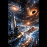 Cosmic rivers in Lava-Void Cosmology showing space travelers sailing through flowing cosmic currents near galaxies and a black hole