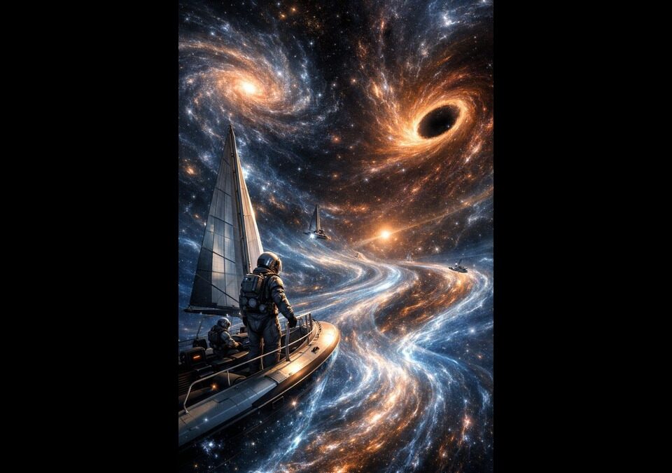 Cosmic rivers in Lava-Void Cosmology showing space travelers sailing through flowing cosmic currents near galaxies and a black hole