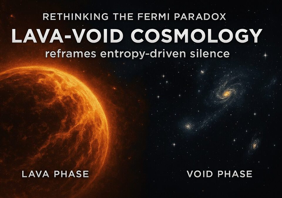 Conceptual image showing Lava Phase entropy and Void Phase cosmic silence in Lava-Void Cosmology