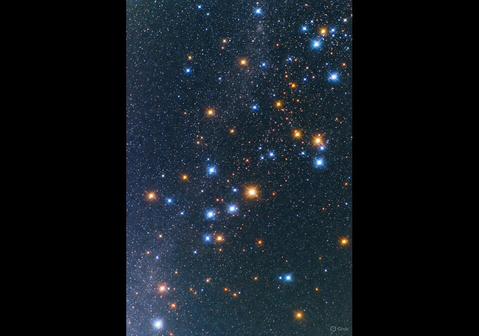 Artistic visualization of distinctive observational predictions in Lava-Void Cosmology, depicting a starry cosmic field illustrating void-induced large-scale anisotropies, chiral primordial gravitational waves, scale-dependent non-Gaussianity, modified small-scale structure, and enhanced patchy reionization within a unified relativistic viscous fluid framework