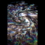 Artistic visualization of baryogenesis in Lava-Void Cosmology, depicting the chiral vortical effect in a helical turbulent relativistic viscous fluid during post-bounce reheating, with multifractal intermittency generating net helicity and axial currents leading to matter-antimatter asymmetry
