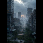 A cyberpunk cityscape in 2025 depicts societal collapse before AGI, with towering data centers amid fog-shrouded streets, crowds in AI-driven protests, and crumbling skyscrapers under stormy skies, evoking economic dislocation and geopolitical strain.