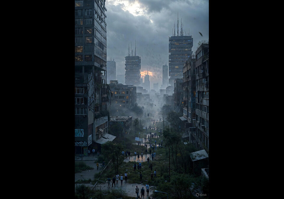 A cyberpunk cityscape in 2025 depicts societal collapse before AGI, with towering data centers amid fog-shrouded streets, crowds in AI-driven protests, and crumbling skyscrapers under stormy skies, evoking economic dislocation and geopolitical strain.