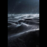 Artistic visualization of primordial gravitational waves in Lava-Void Cosmology, depicting tensor perturbations amplified during the viscous quasi-de Sitter phase and sourced by multifractal turbulent fluctuations in a unified relativistic viscous fluid, with helical intermittency producing circularly polarized modes