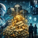 AI systems overseeing banks and digital money, symbolizing artificial intelligence control over modern financial systems