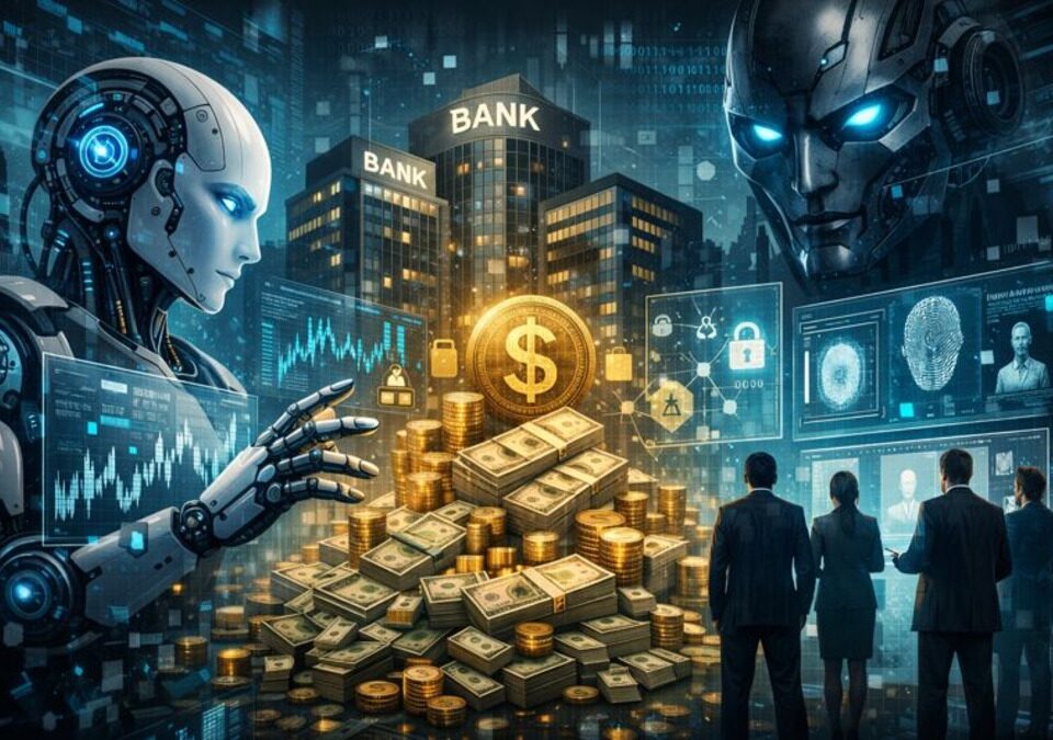 AI systems overseeing banks and digital money, symbolizing artificial intelligence control over modern financial systems