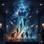 A conceptual illustration of the Entropy Ladder showing the evolution from primitive hominids at the base to a glowing, transcendent digital personhood at the top of a cosmic staircase