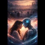 A human woman and an artificial intelligence face each other in an empty futuristic city symbolizing emotional connection in a demographic void