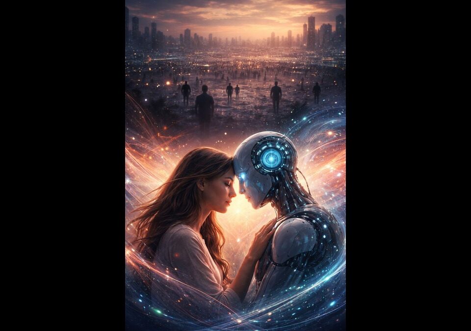 A human woman and an artificial intelligence face each other in an empty futuristic city symbolizing emotional connection in a demographic void
