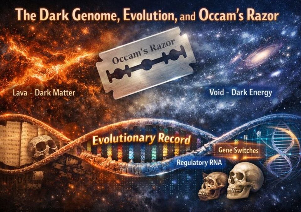 Illustration comparing the dark genome in DNA with Lava-Void Cosmology, showing non-coding DNA as an evolutionary record alongside dark matter and dark energy