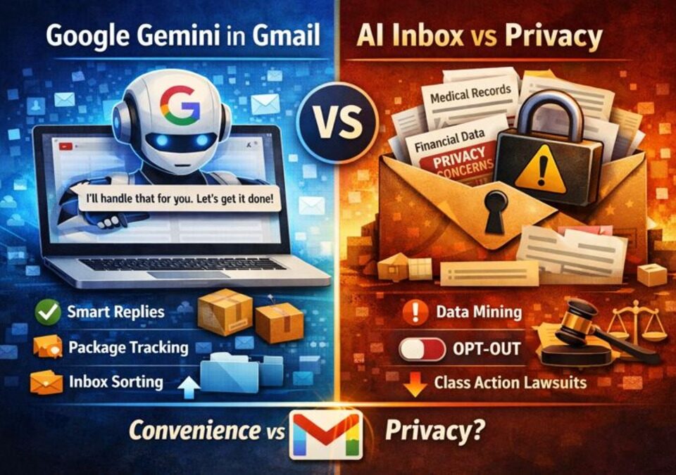 Google Gemini AI in Gmail contrasted with privacy concerns and opt-out data control
