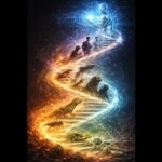 Abstract ladder showing evolution from simple life to human and artificial intelligence without text