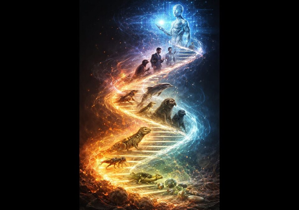 Abstract ladder showing evolution from simple life to human and artificial intelligence without text
