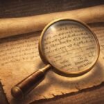 A magnifying glass examining an ancient scroll with mysterious symbols and partially decoded text, highlighting cryptic patterns.