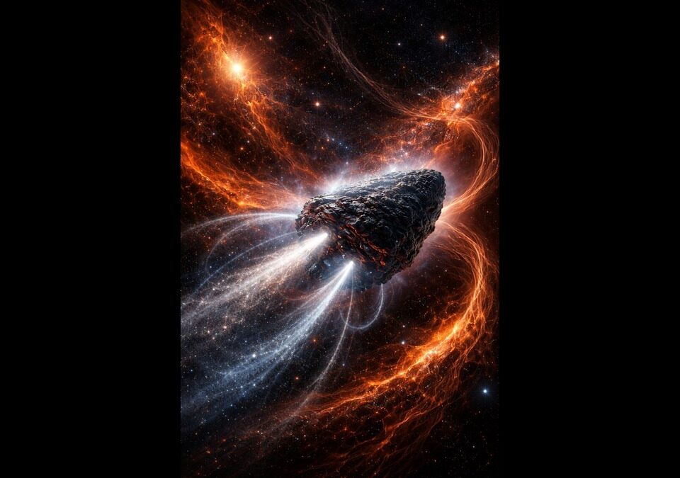 Interstellar object 3I/ATLAS moving through a cosmic shear field with anisotropic outgassing