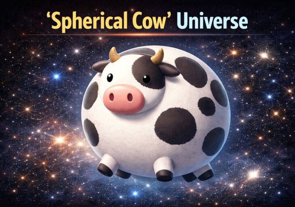 Spherical cow analogy illustrated as a perfectly round cow floating in space, representing oversimplified cosmology models