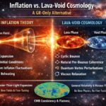 Infographic comparing cosmic inflation with Lava-Void Cosmology, showing inflaton expansion versus cyclic void-driven evolution in GR.