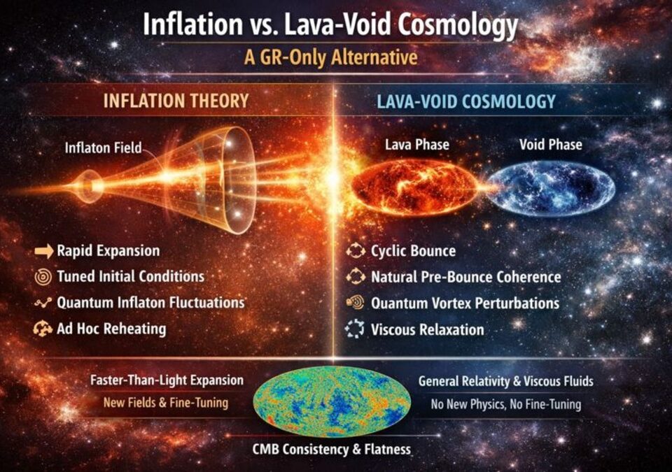 Infographic comparing cosmic inflation with Lava-Void Cosmology, showing inflaton expansion versus cyclic void-driven evolution in GR.